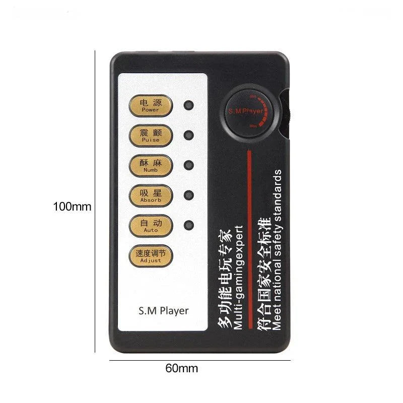 Varied Electro-Shock Penis Ring controller with multiple function buttons and safety standards label