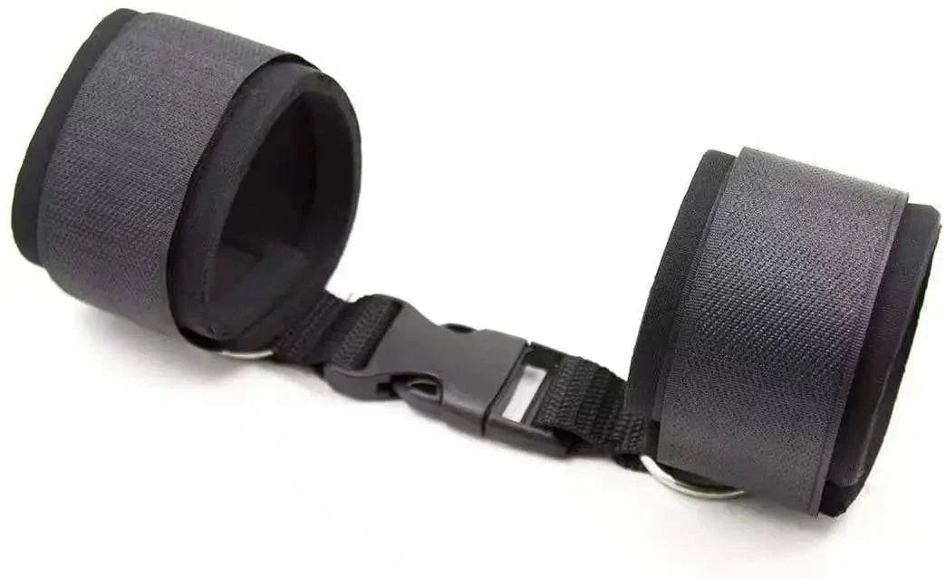 Adjustable black nylon handcuffs with padded cuffs and quick-release buckle restraint kit for couples