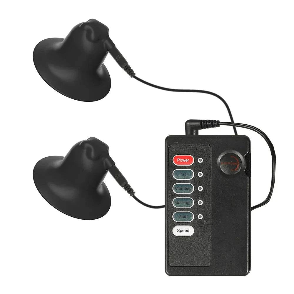 Electric shock nipple clamps with control unit for breast and body stimulation set