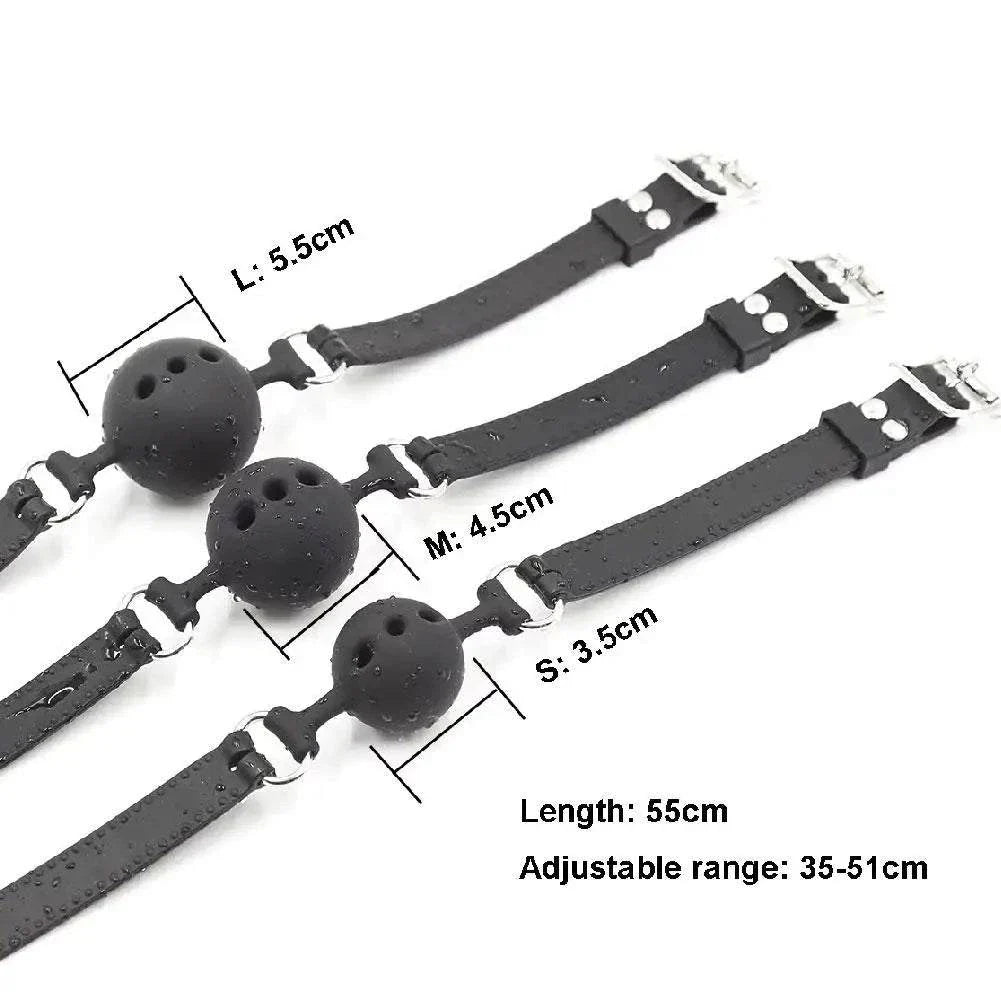 Breathable silicone ball gag with adjustable straps in three sizes for safe bondage play