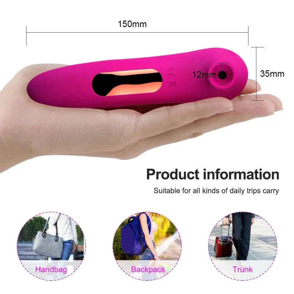Powerful clitoris sucking vibrator in hand with size details, portable for handbag, backpack, and trunk carrying