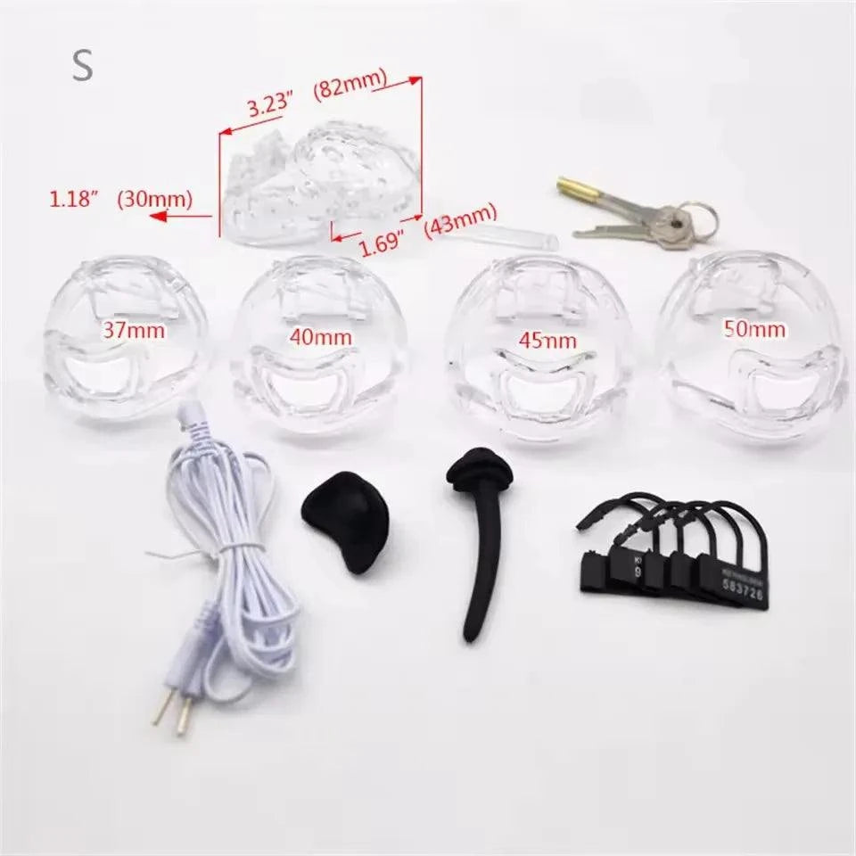 Electric Shock Plastic Cage chastity device with long and short cages, keys, locks, electrodes, and various ring sizes for male restraint and electrostimulation.