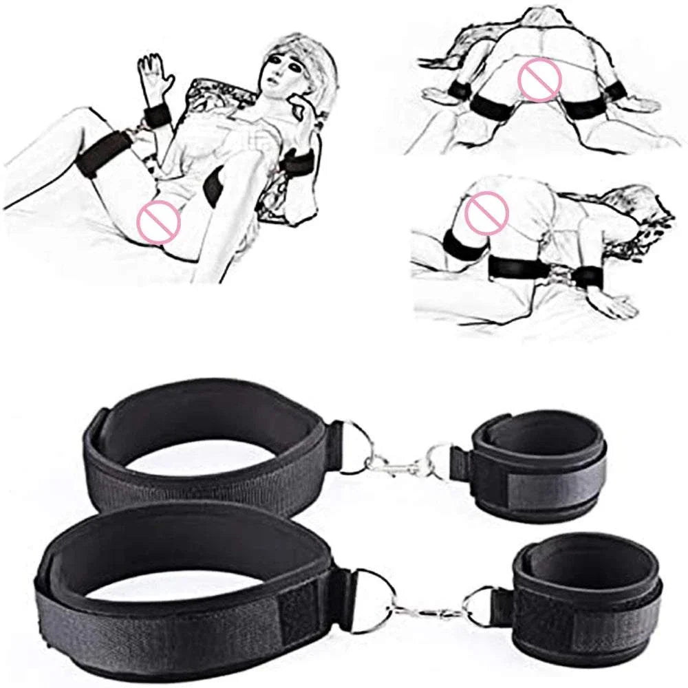 Couples BDSM Bondage Set with mask, feather tickler, handcuffs, and ankle restraints for intimate play