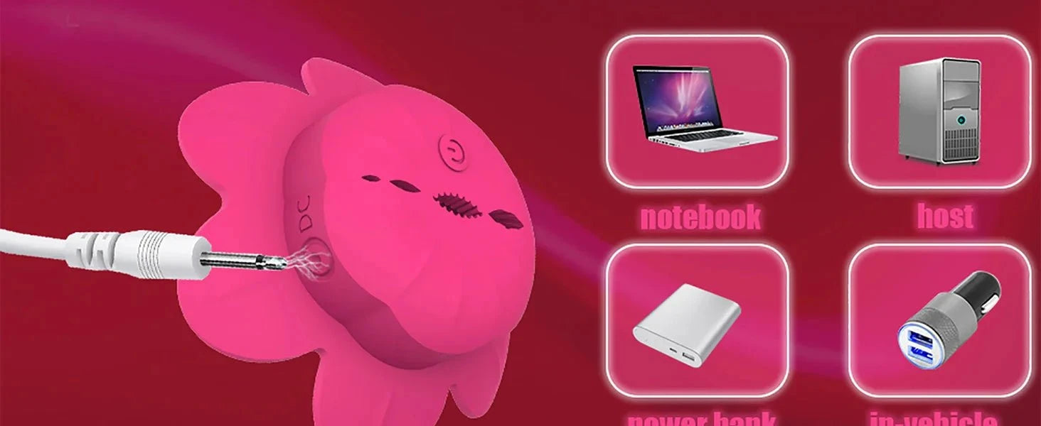 Rose Nipple Clamps Vibrator in pink rose shape with USB charging cable and remote control features