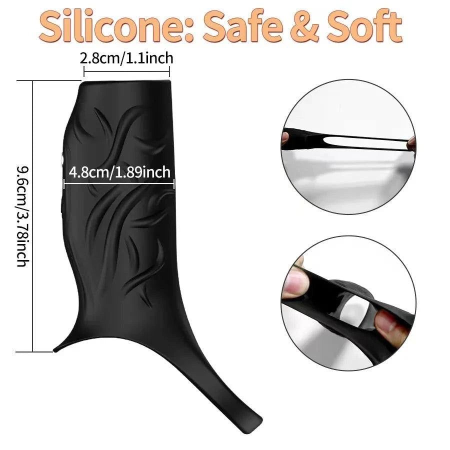 Black silicone vibrator penis sleeve with textured design, stretchy and soft material, and integrated cock ring for ejaculation delay and enhanced stimulation.