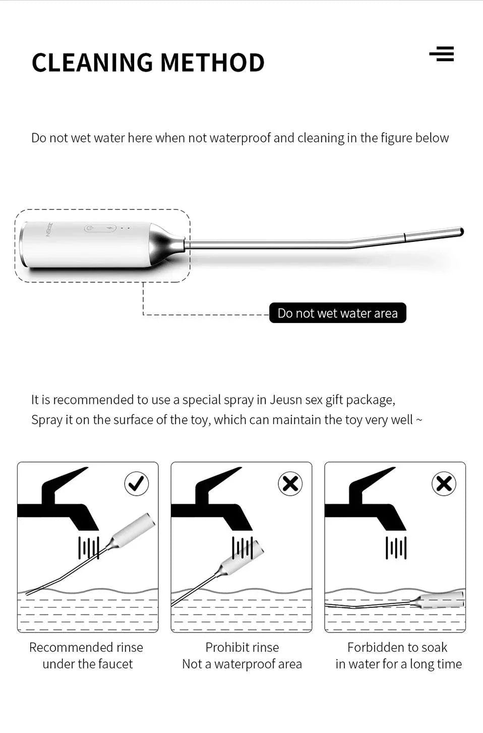JEUSN Male Urethral Vibrator with cleaning instructions and safe rinse method diagram