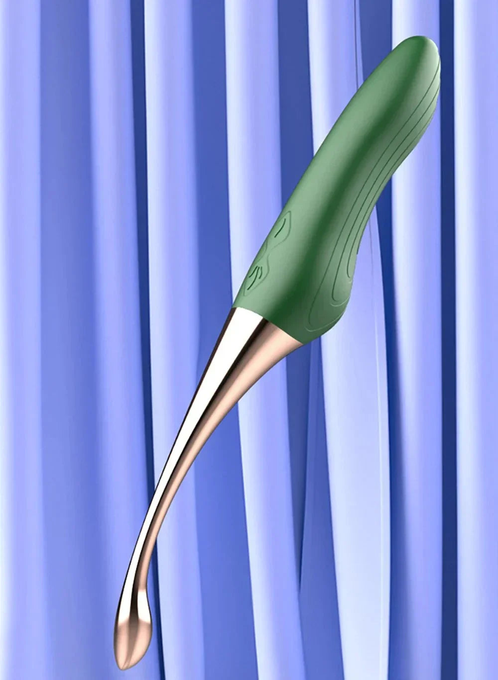 High-frequency G-spot vibrator with ergonomic design for clitoral, nipple, and oral-lick stimulation in green and gold tones