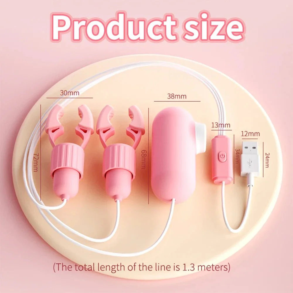 Pink nipple clamps vibrator with sucking and tongue-licking clit stimulator, compact multi-mode design with USB charging cable