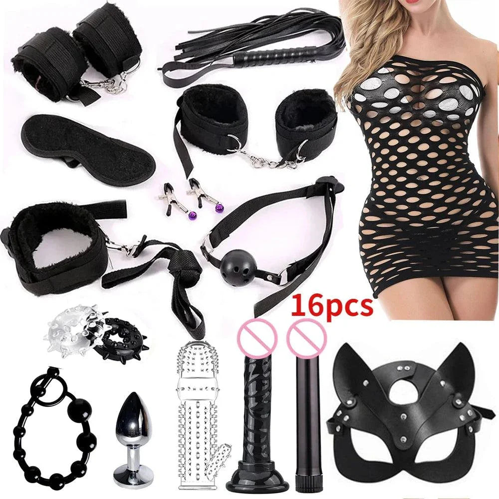 37-Piece Black Wolf BDSM Kit with cuffs, ropes, gag, vibrator, anal plug, and bondage accessories displayed with woman in fishnet dress