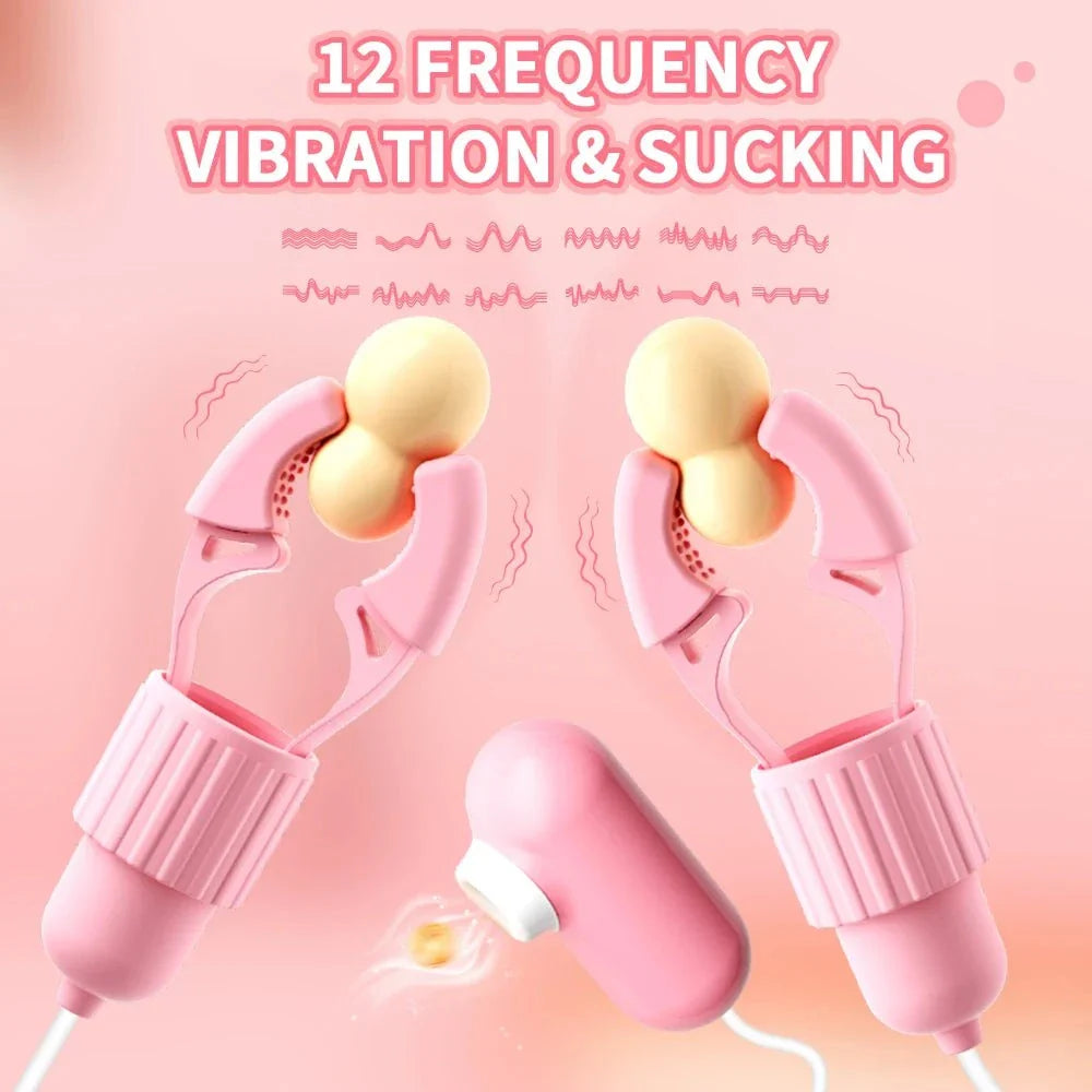 Pink nipple clamps vibrator with 12 frequency vibration and sucking functions for multi-zone stimulation