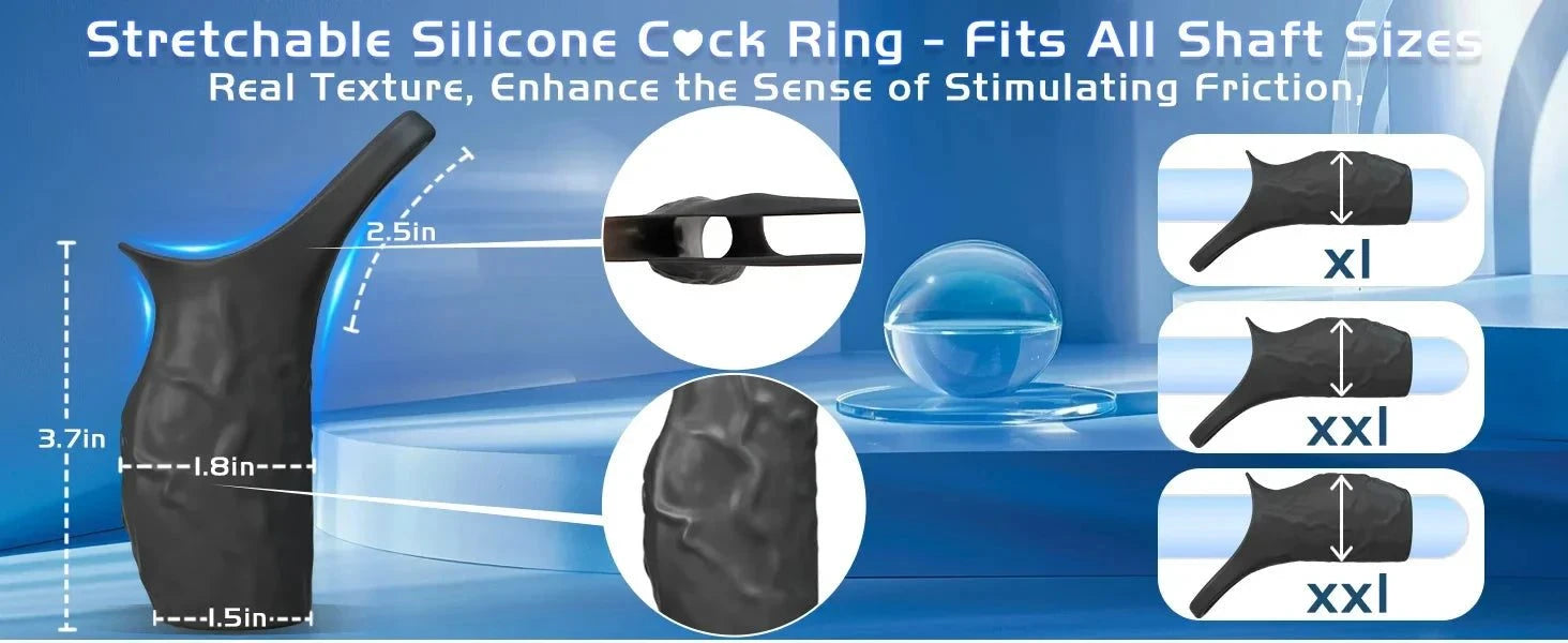 Black stretchable silicone vibrator penis sleeve with cock ring, textured for stimulation and size variations shown