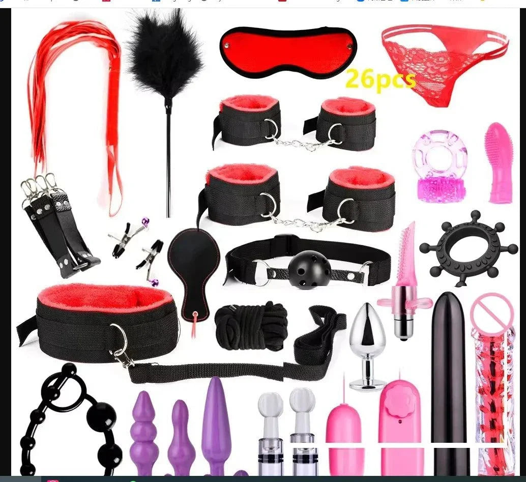 Complete Plush & Nylon BDSM Kit with whip, cuffs, nipple clamps, blindfold, and soft bondage accessories