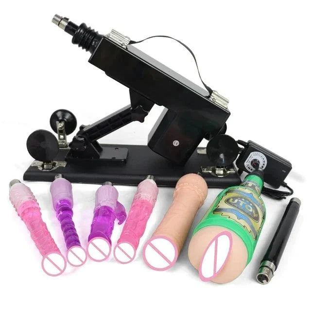 Automatic sex machine with adjustable thrust, remote and app control, multiple attachments for personalized pleasure