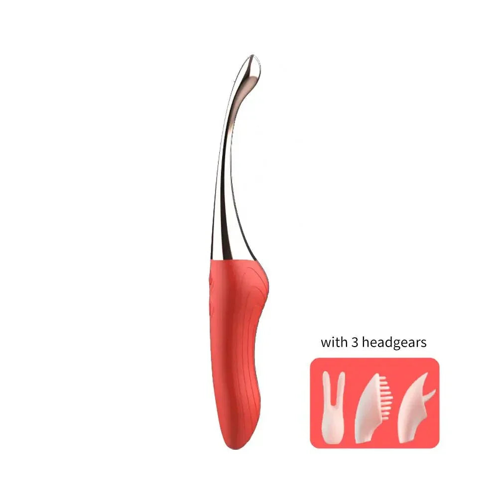 High-Frequency G-Spot Vibrator with ergonomic red handle and three interchangeable stimulation headgears for clitoral, nipple, and oral-lick sensations.