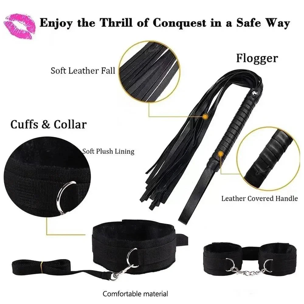 Plush and nylon BDSM kit with soft cuffs, leather flogger, collar, and adjustable bondage gear