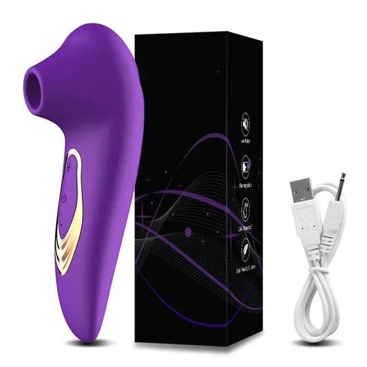 Powerful purple clitoris sucking vibrator with ergonomic design, USB charging cable, and black packaging box