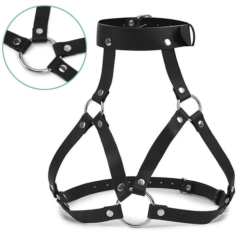 Adjustable strappy body harness belt with metal rings and sturdy hardware for fetish or lingerie layering