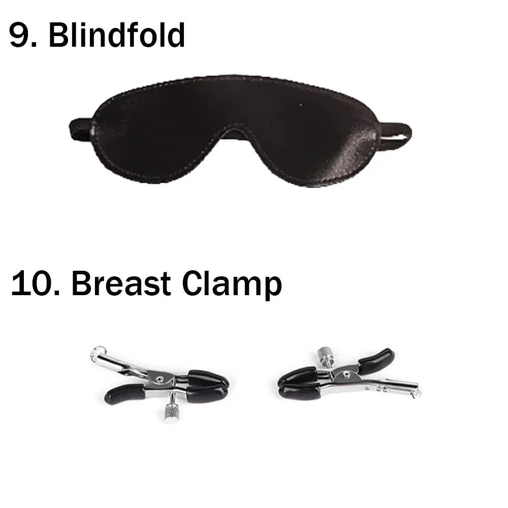 10-Piece BDSM Bondage Restraint Kit — Cuffs, Collar, Whip, Ball Gag & Rope