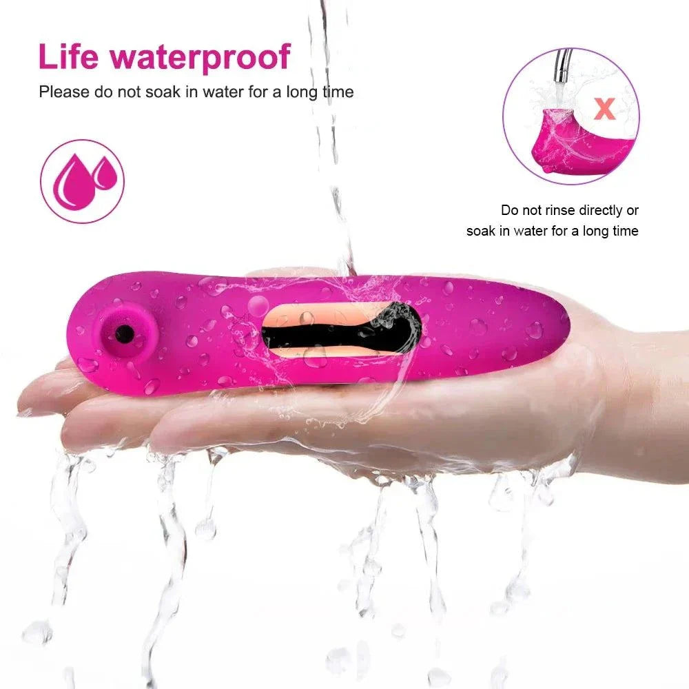 Powerful Clitoris Sucking Vibrator in hand with water pouring, waterproof design, ergonomic purple stimulator for women