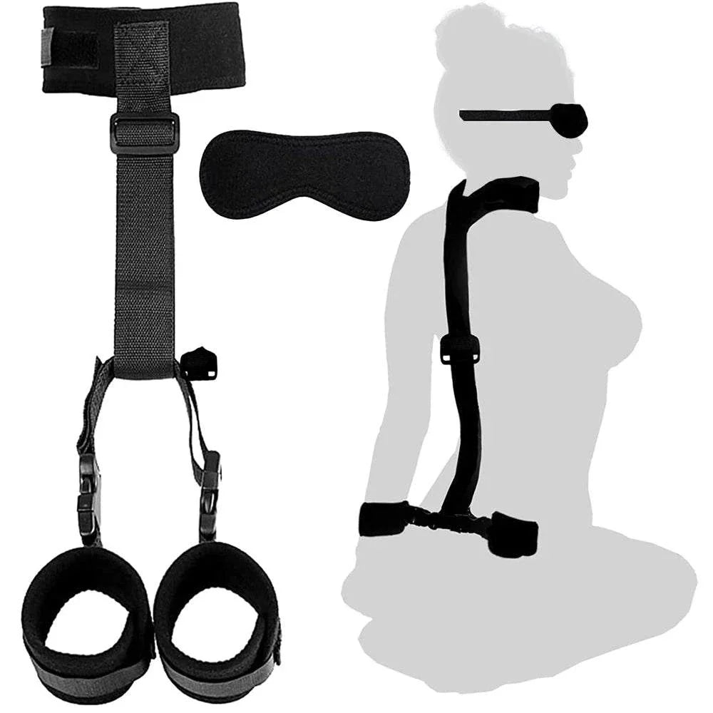 Couples BDSM Bondage Set with mask, feather tickler, handcuffs, and ankle restraints for intimate roleplay and bondage games