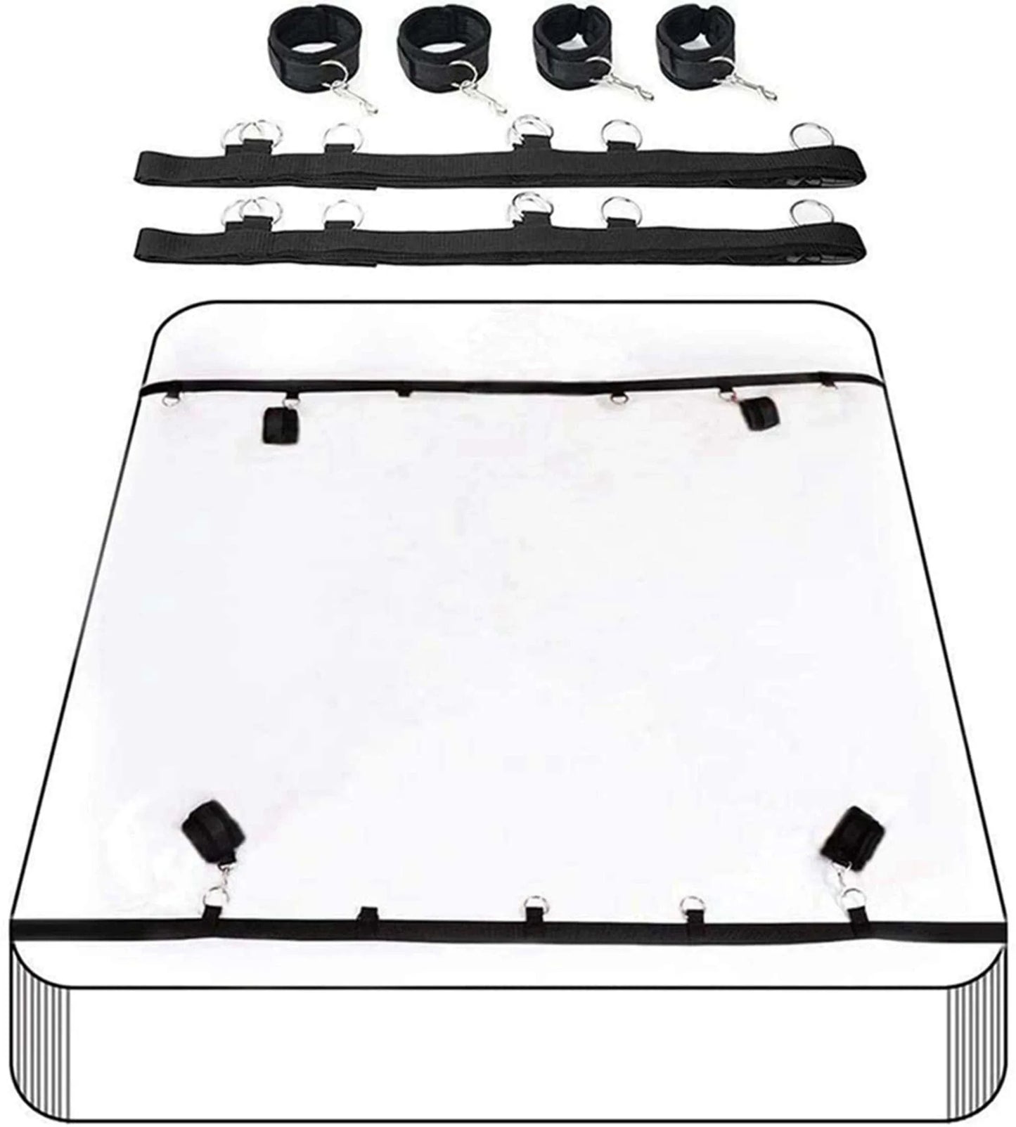 Full bed restraint tie-down set with adjustable straps, handcuffs, ankle cuffs, and eyeblinder for couples bondage play