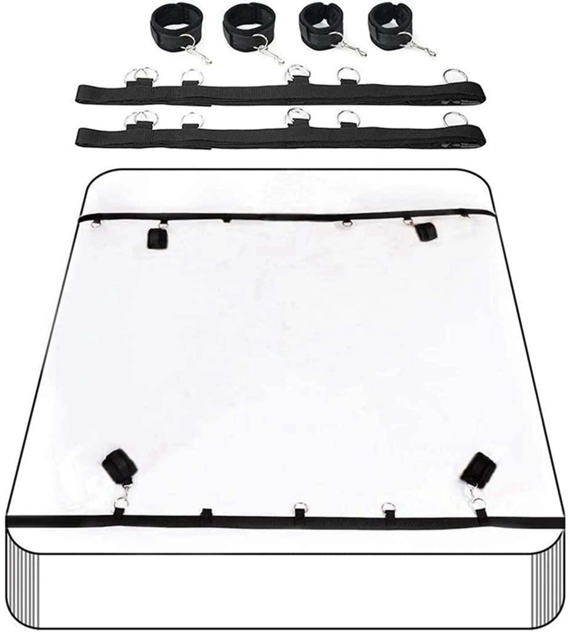 Full bed restraint tie-down set with adjustable straps, handcuffs, ankle cuffs, and eyeblinder for couples bondage play