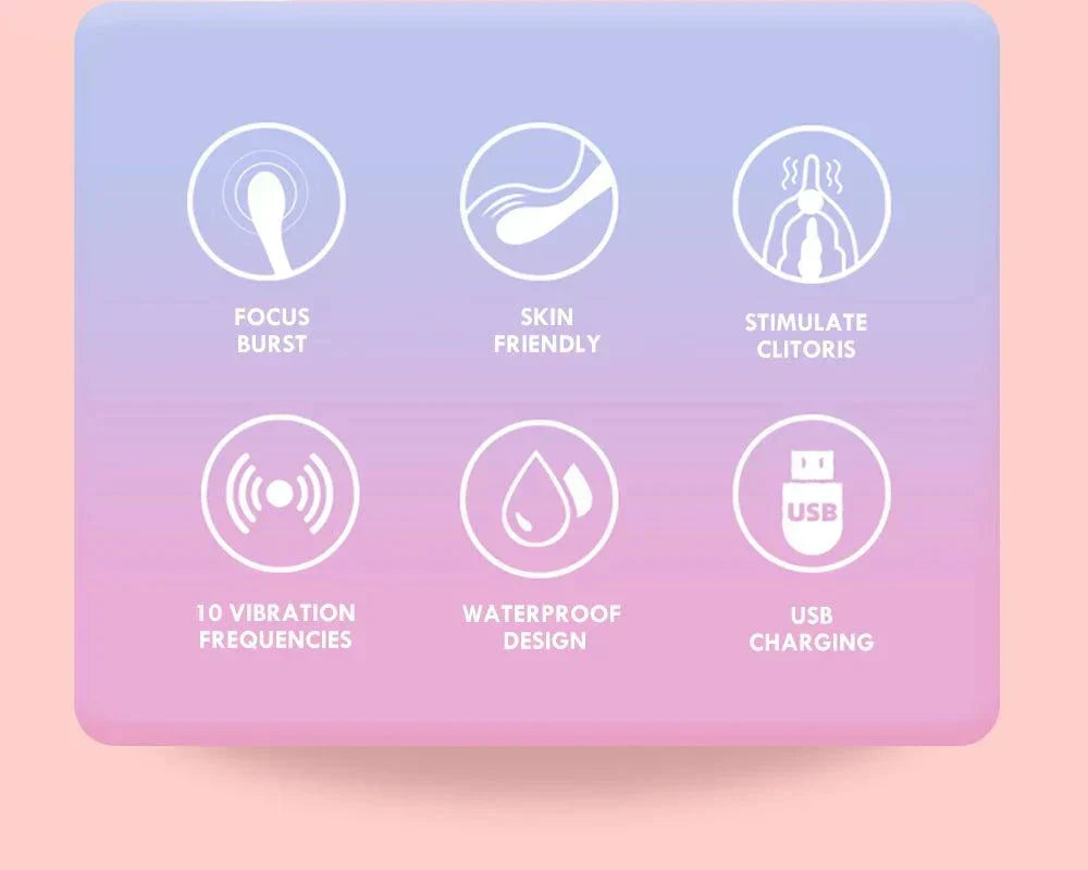 High-Frequency G-Spot Vibrator with focus burst, skin-friendly, clitoral stimulation, 10 vibration frequencies, waterproof design, and USB charging features.