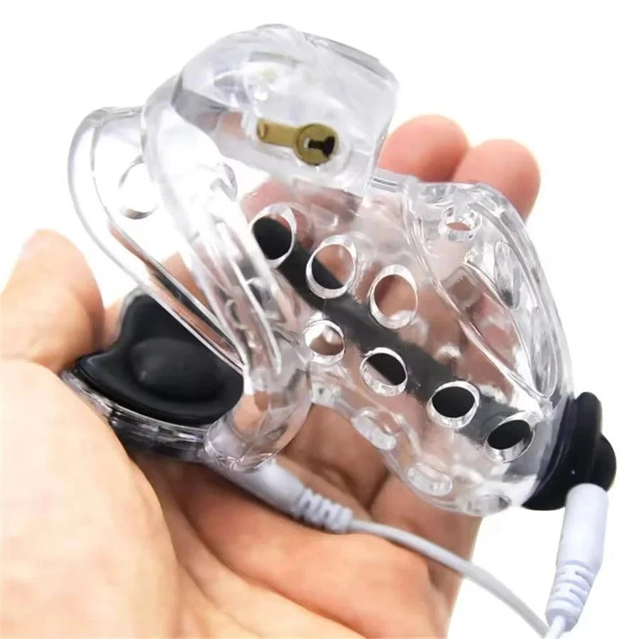Electric Shock Plastic Cage chastity device with ball lock and cock ring for male restraint and electrostimulation