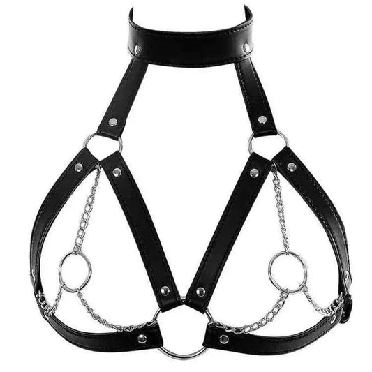 Adjustable strappy body harness belt with metal rings and chains for fetish and lingerie layering