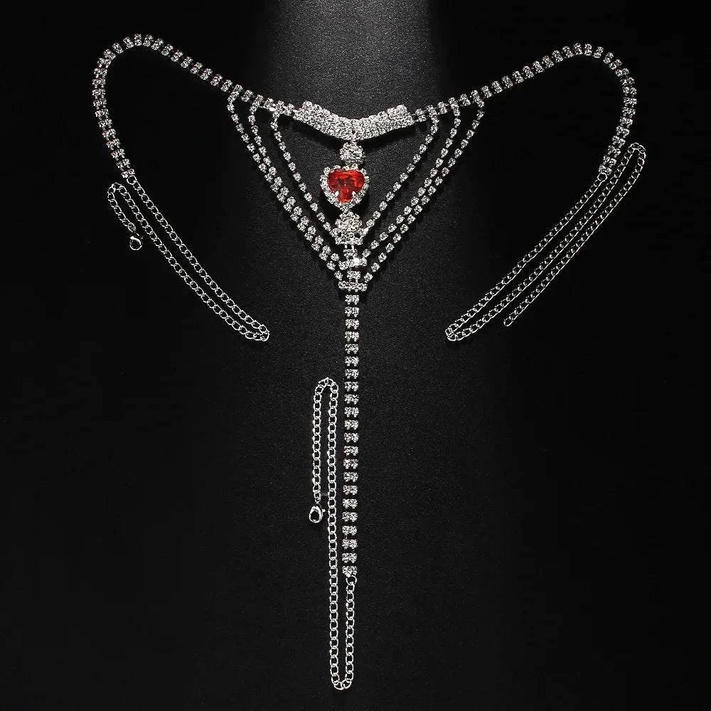 Stonefans Red Heart Rhinestone Waist Chain with red heart centerpiece and multi-chain design on black background