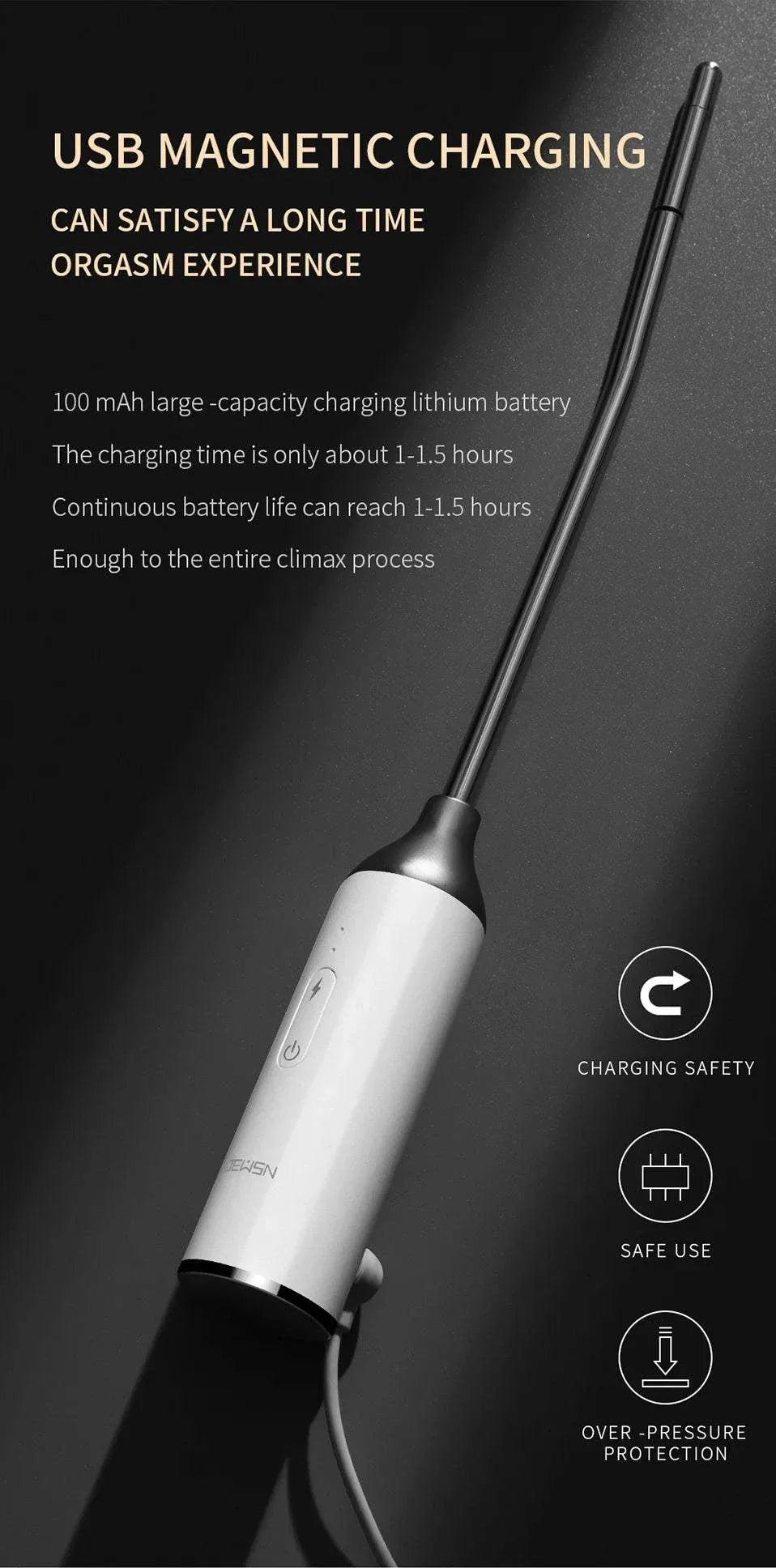 JEUSN Male Urethral Vibrator with USB magnetic charging and safety features