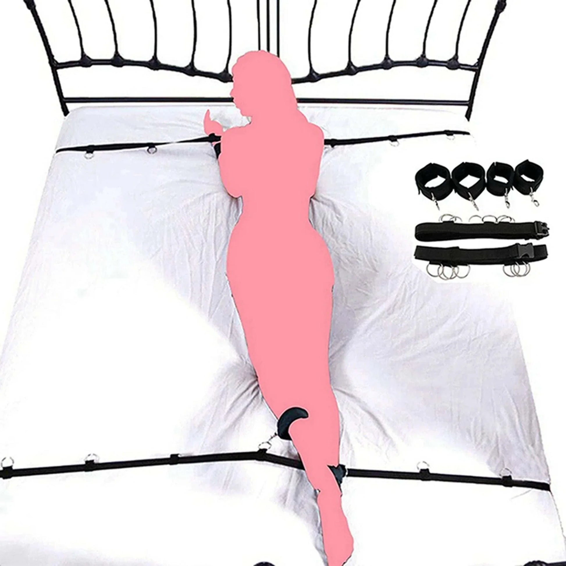 Full bed restraint tie-down set with adjustable straps, handcuffs, ankle cuffs, and eyeblinder for bondage play