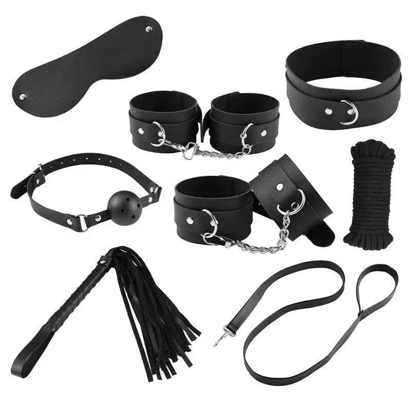 Couples BDSM Bondage Set with mask, feather tickler, handcuffs, ankle restraints, ball gag, whip, rope, and collar for intimate play