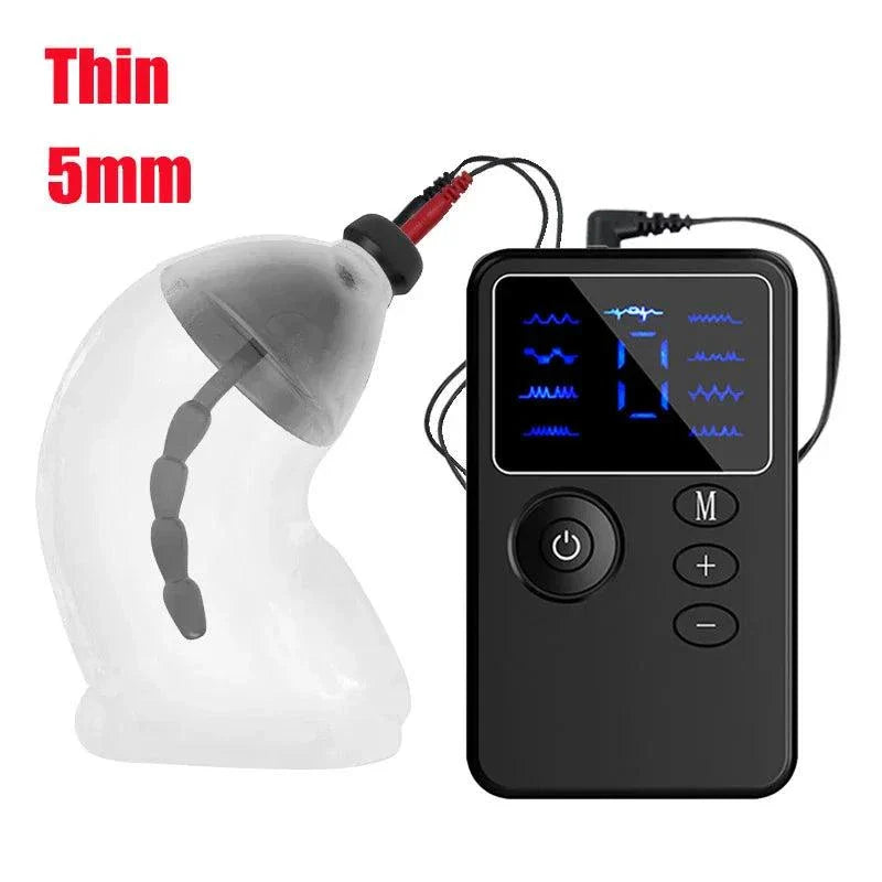 Electric shock penis plug with chastity cage and urethral dilator, including digital electro stimulator control unit