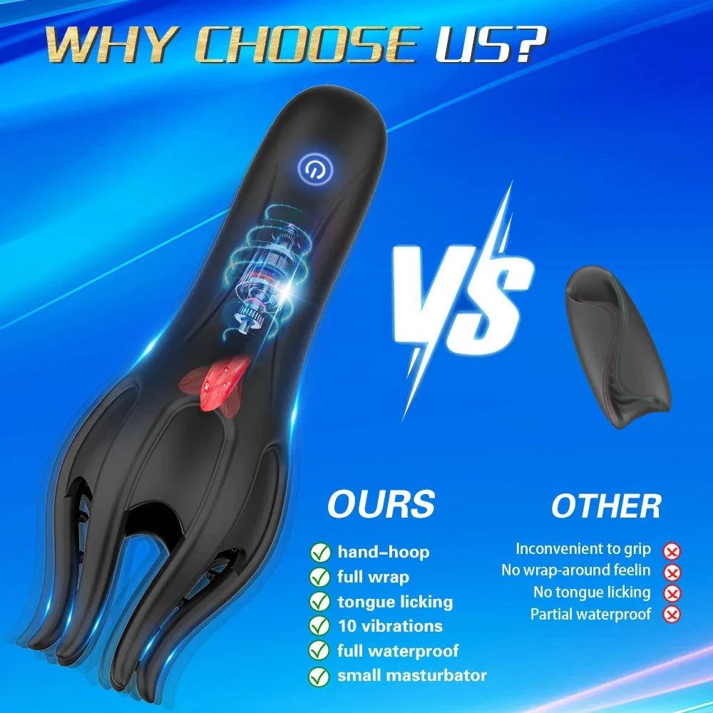 Glans Trainer Vibrator soft fingertip massager for penis with tongue licking, 10 vibrations, full waterproof and hand-hoop design