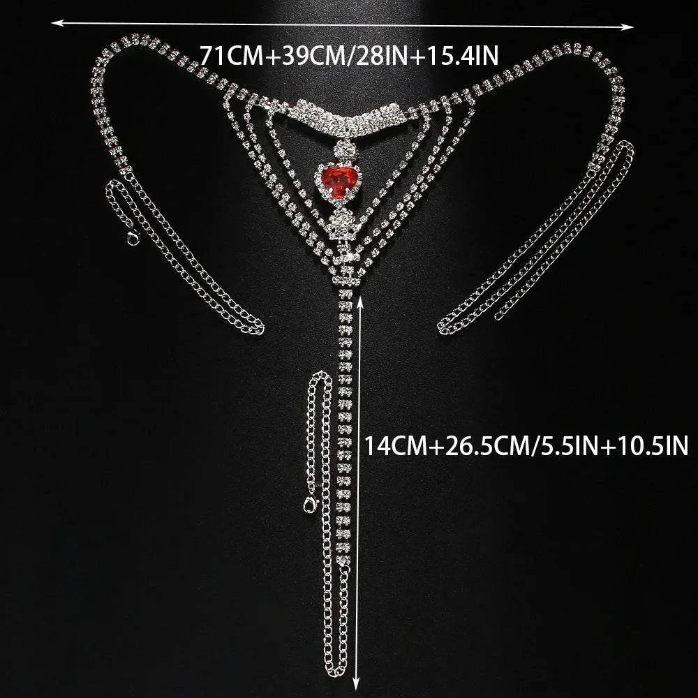 Stonefans Red Heart Rhinestone Waist Chain with red heart centerpiece and multi-chain design against black background