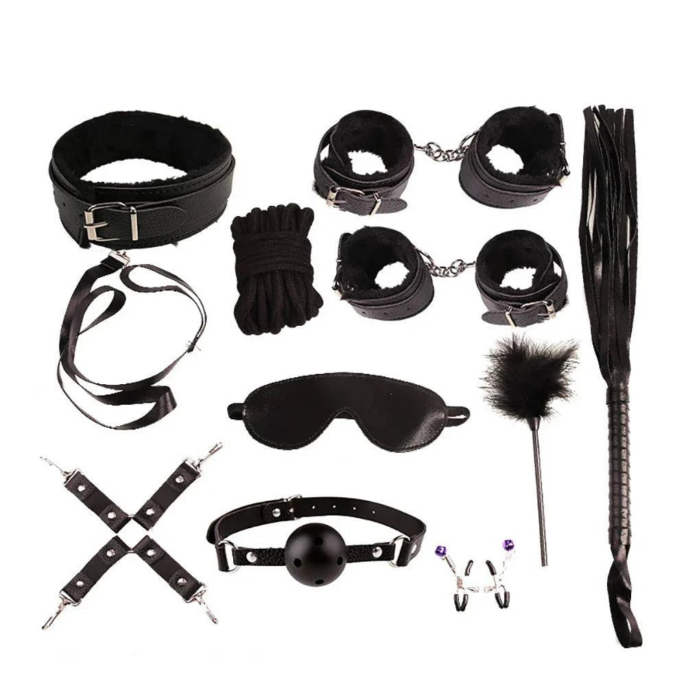 10-piece BDSM Bondage Restraint Kit with cuffs, collar, whip, ball gag, blindfold, clamps, and rope in black