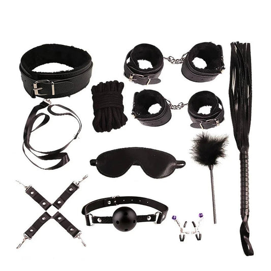 10-piece BDSM Bondage Restraint Kit with cuffs, collar, whip, ball gag, blindfold, clamps, and rope in black
