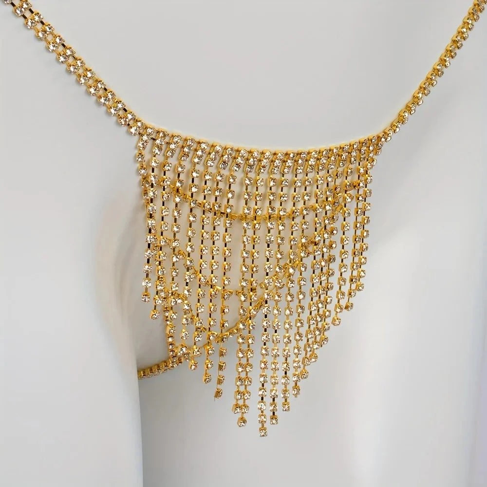 Tassel Rhinestone Waist Chain gold body jewelry with dangling rhinestone tassels on mannequin waist