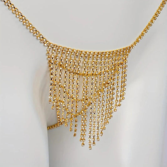 Tassel Rhinestone Waist Chain gold body jewelry with dangling rhinestone tassels on mannequin waist