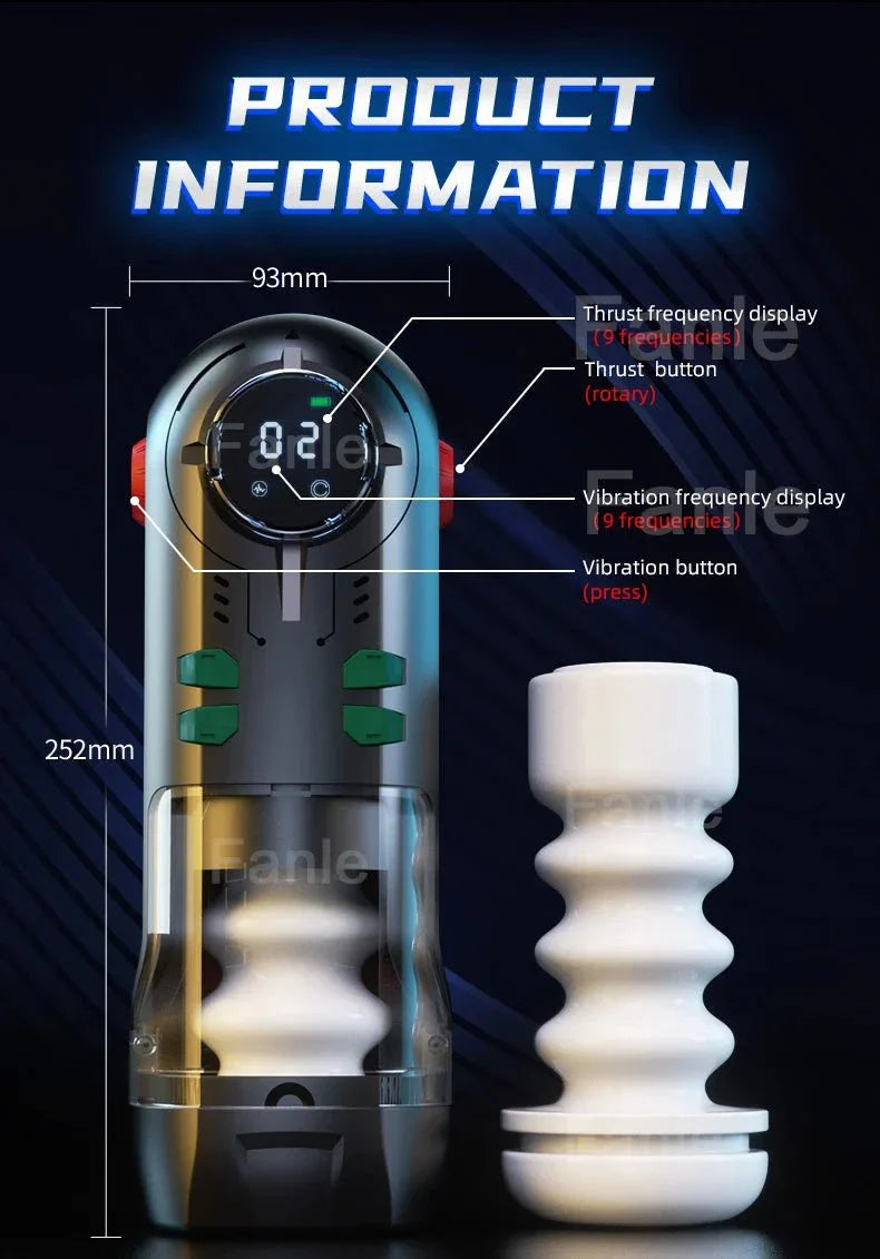Automatic male masturbator cup with telescopic thrusting, suction, heating, and vibration features for intense solo pleasure.