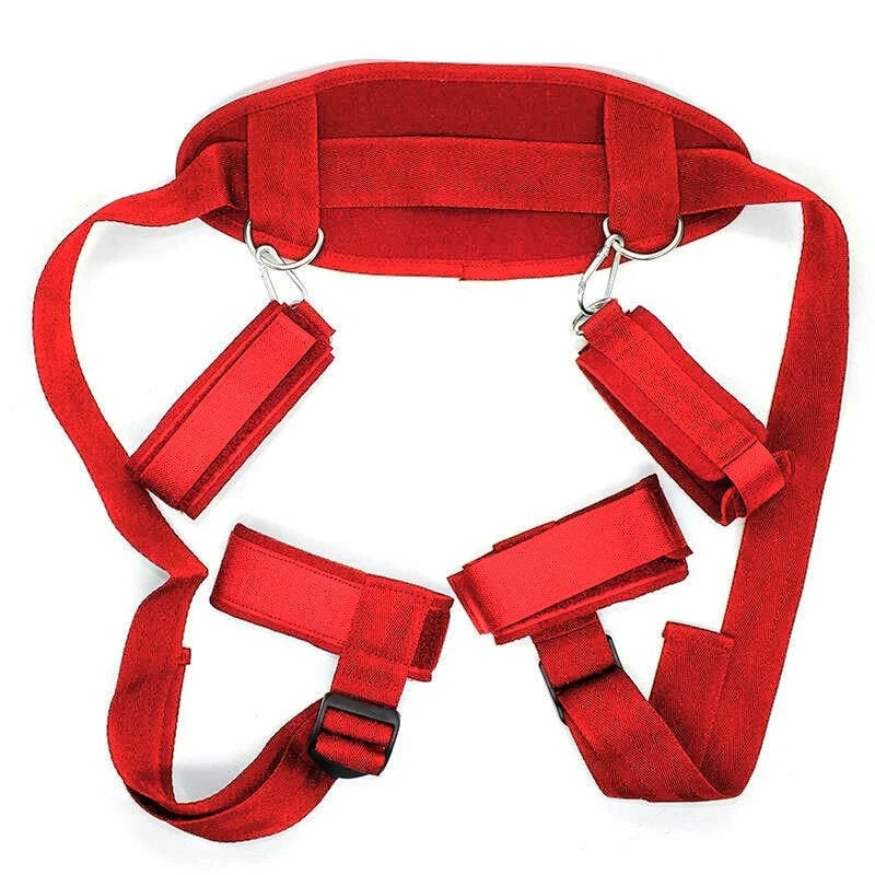 All-in-One 18-Piece Bondage & Strap-On Kit with adjustable red harness and restraints for BDSM play