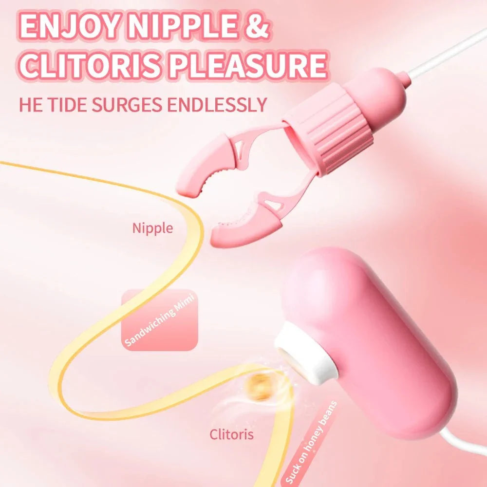 Pink nipple clamps vibrator with sucking and tongue-licking clitoral stimulator for multi-zone pleasure
