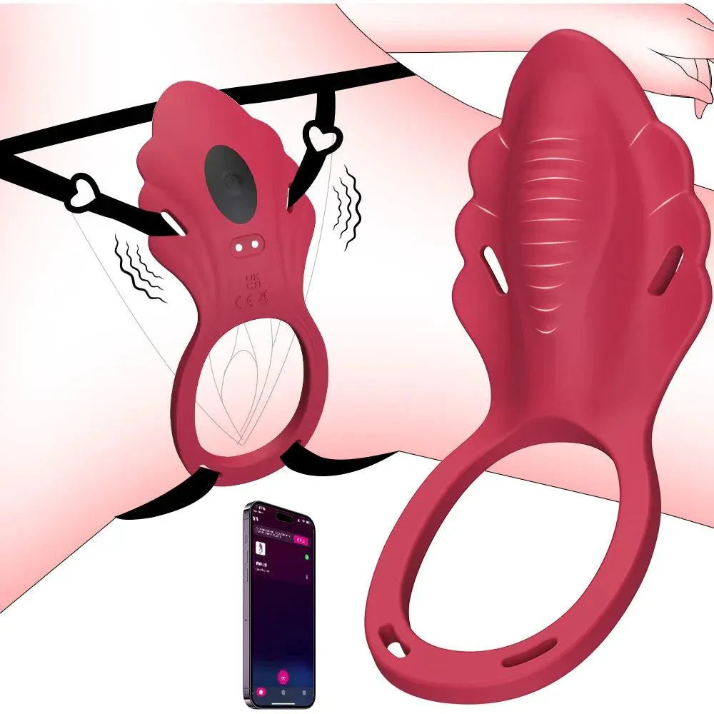 Wireless App Wearable Panty Vibrator with clitoral stimulator and penis ring controlled by smartphone app for hands-free intimate play