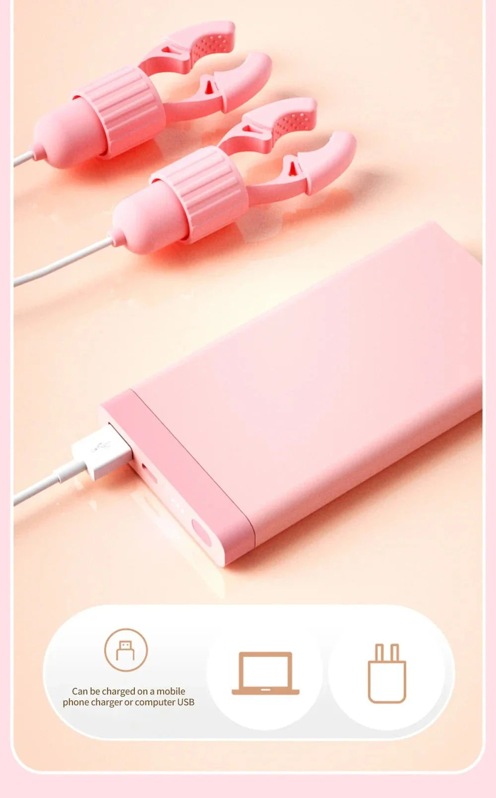 Pink nipple clamps vibrator with USB rechargeable power bank for multi-zone stimulation