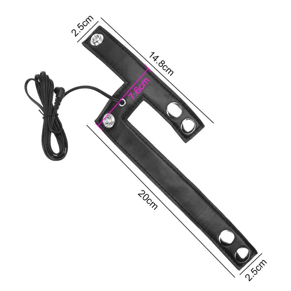 Varied Electro-Shock Penis Ring with adjustable straps and attached wire for electro-stim play