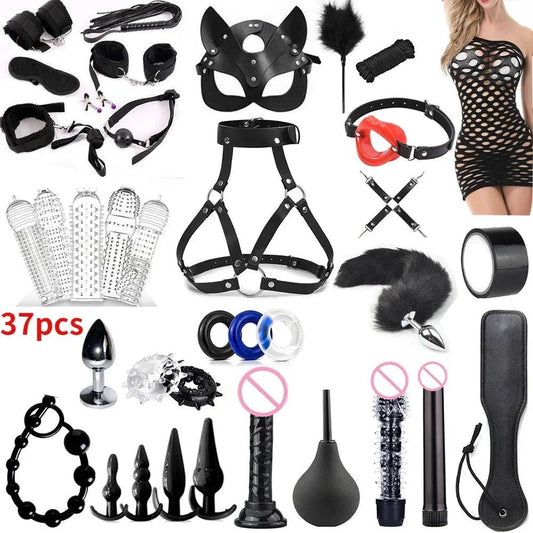 37-Piece Black Wolf BDSM Kit with bondage restraints, ropes, gag, flogger, vibrator, and anal plug for intimate fetish play
