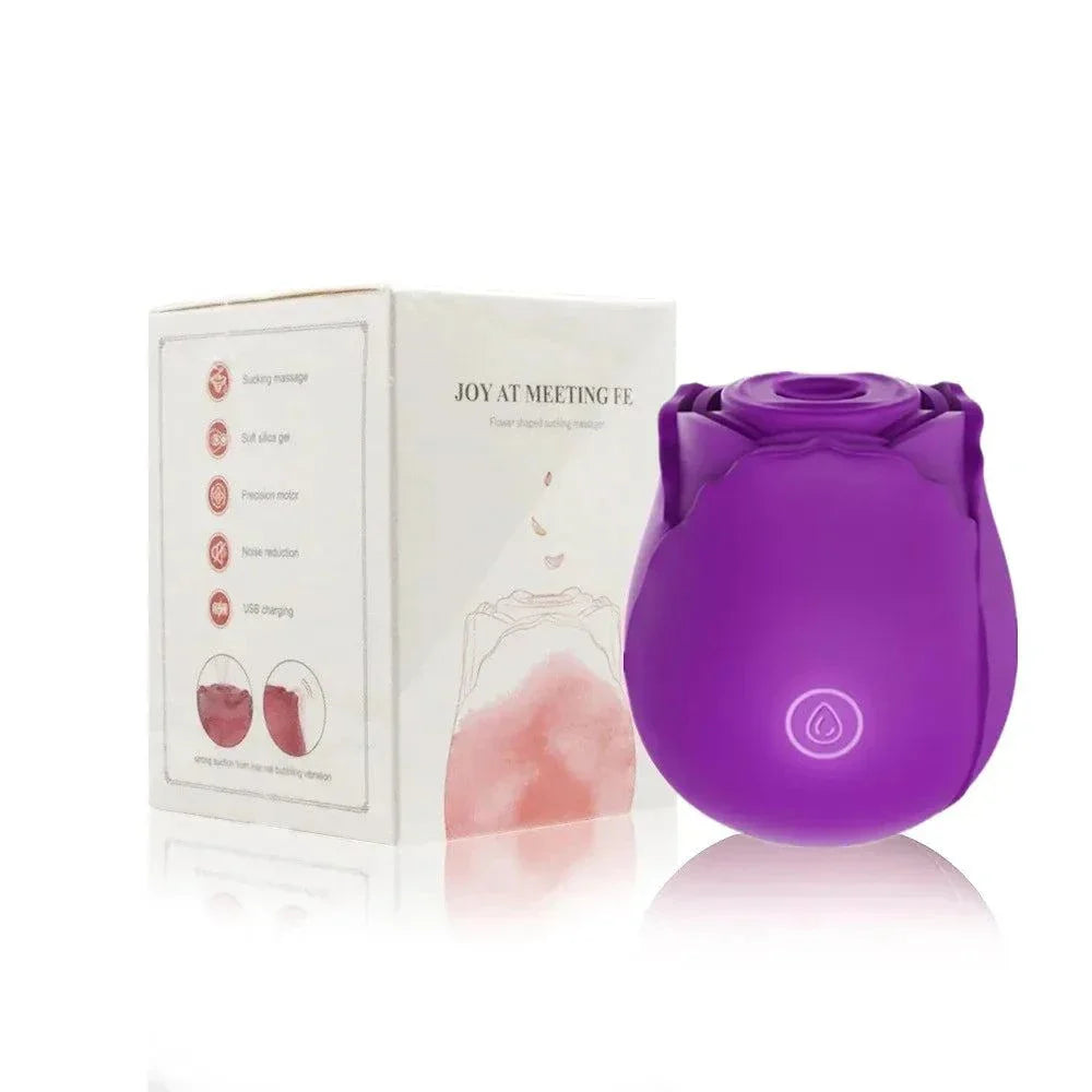 Purple rose-shape sucking vibrator with clitoral and nipple stimulation, USB rechargeable and body-safe silicone.