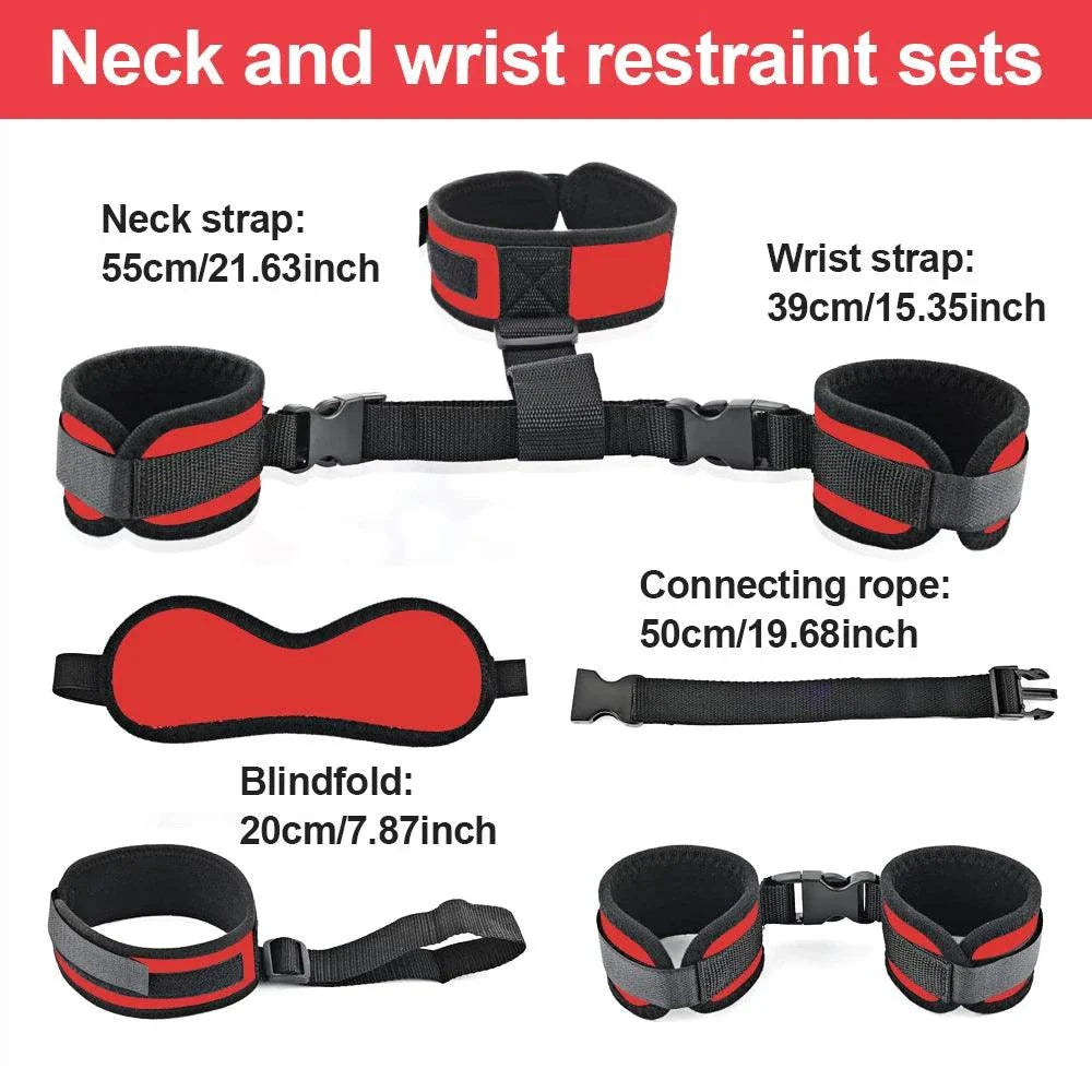 Couples BDSM bondage set with red and black neck strap, wrist strap, blindfold, and connecting rope restraints.