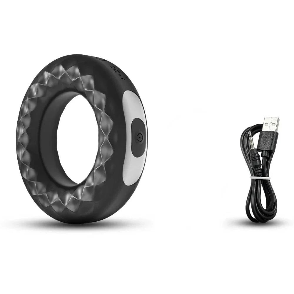 Black medical silicone vibrating cock ring with textured design and USB charging cable, designed for stronger erection and delayed ejaculation.